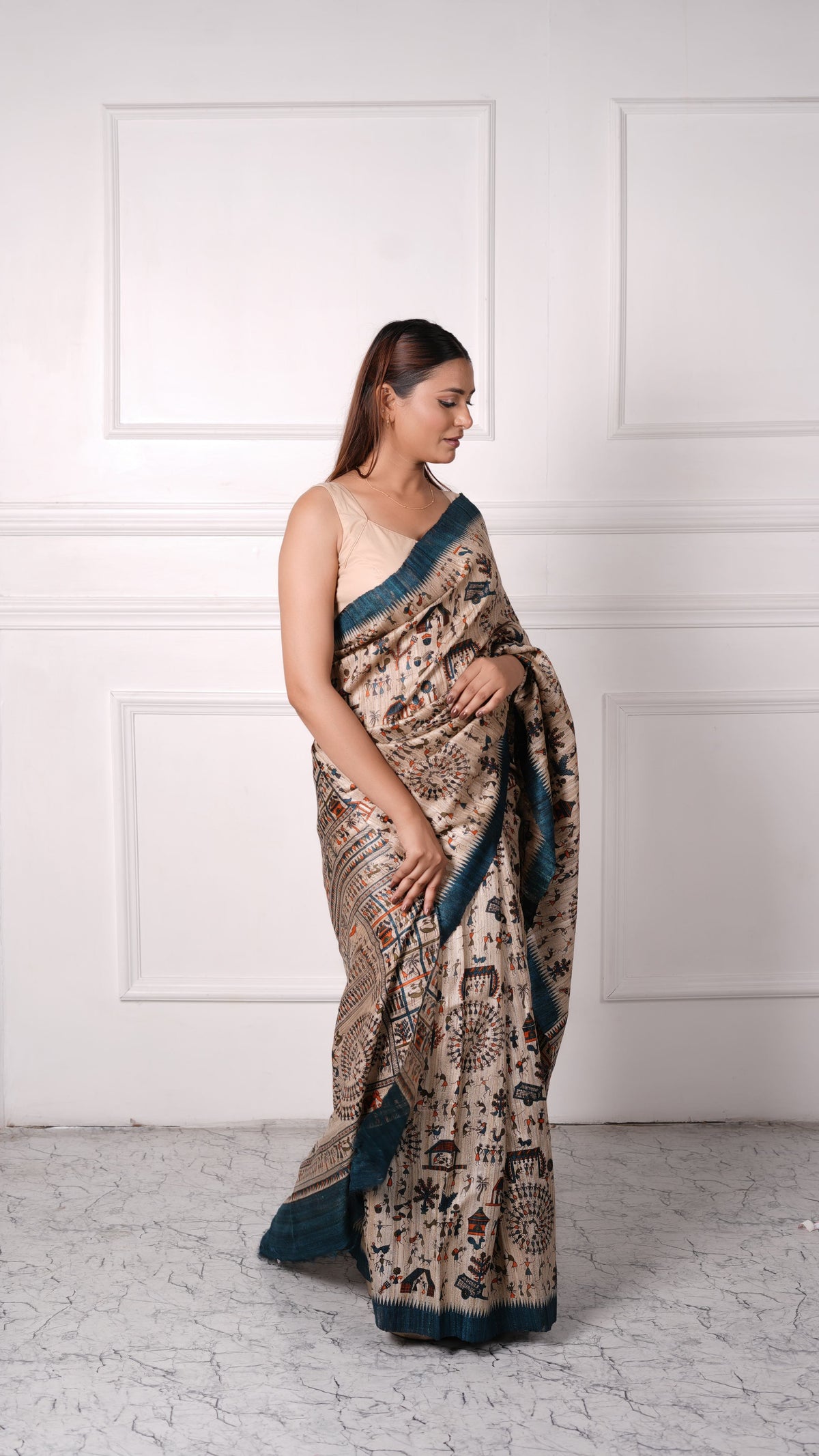 Beige with Teal color, 100% pure tussar silk, Worli Print Saree