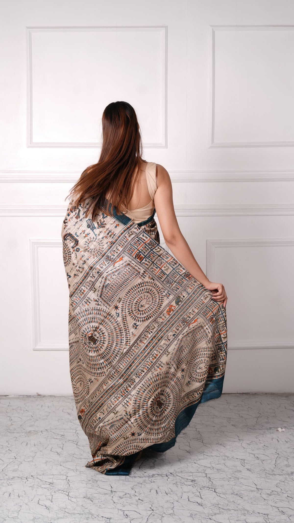 Beige with Teal color, 100% pure tussar silk, Worli Print Saree