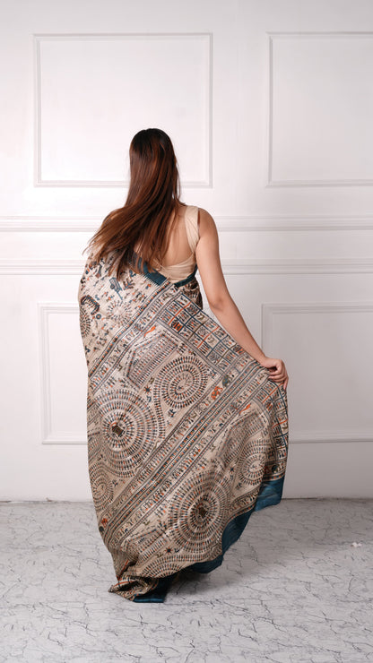 Beige with Teal color, 100% pure tussar silk, Worli Print Saree