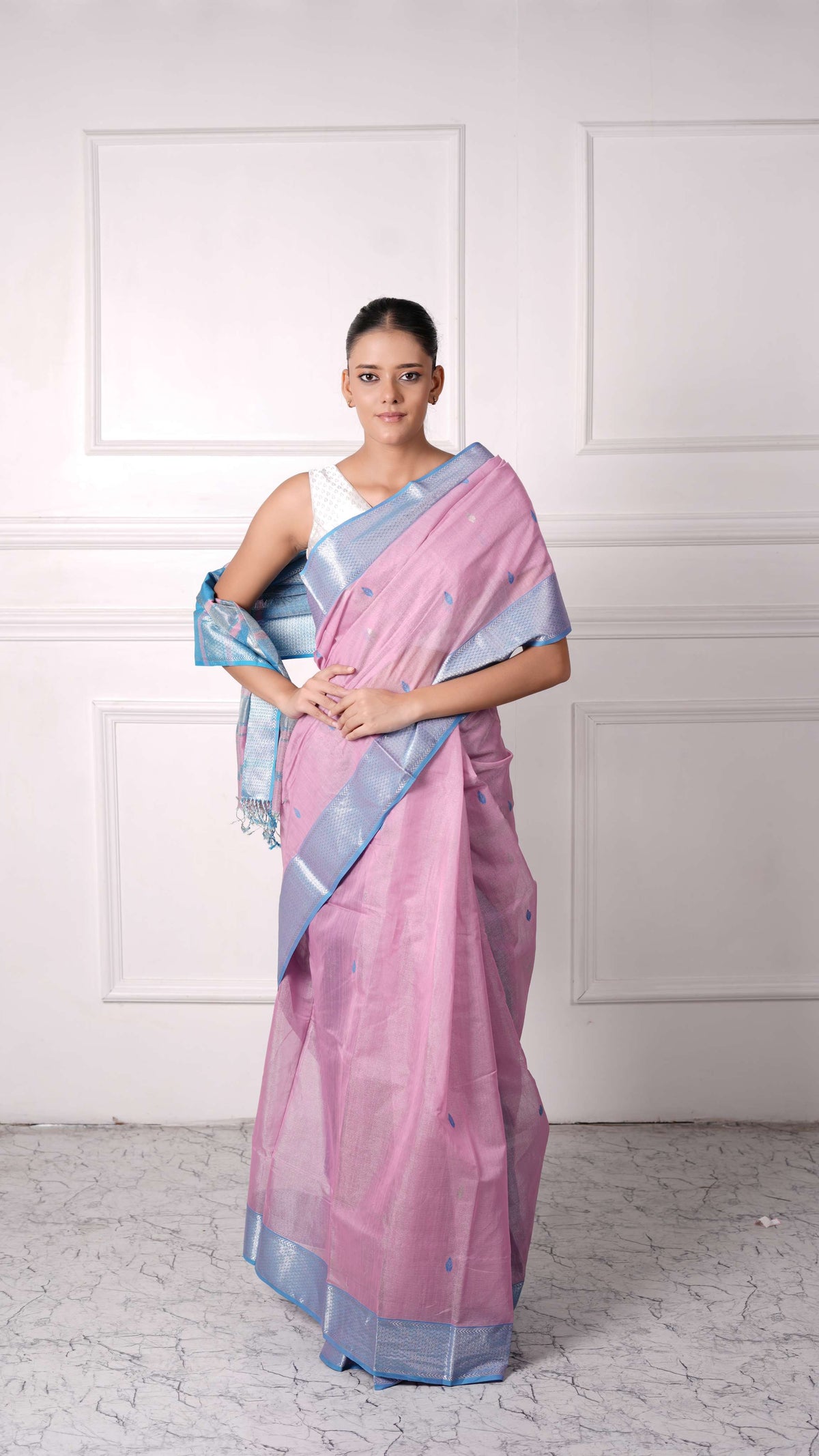 Tissue Saree with silver zari border, cotton silk, candy color-Pink