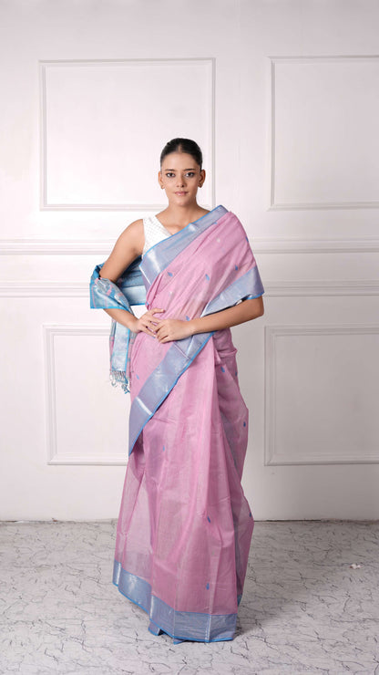 Tissue Saree with silver zari border, cotton silk, candy color-Pink