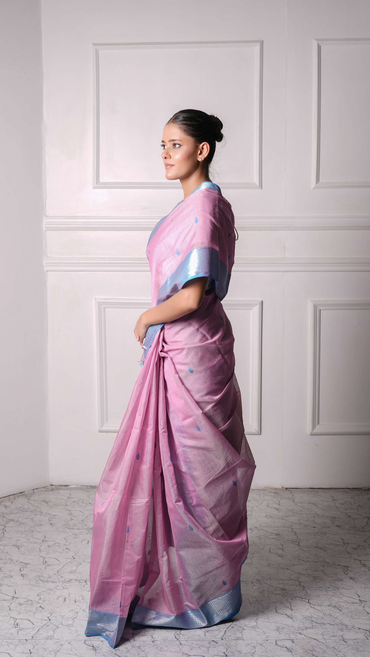 Tissue Saree with silver zari border, cotton silk, candy color-Pink