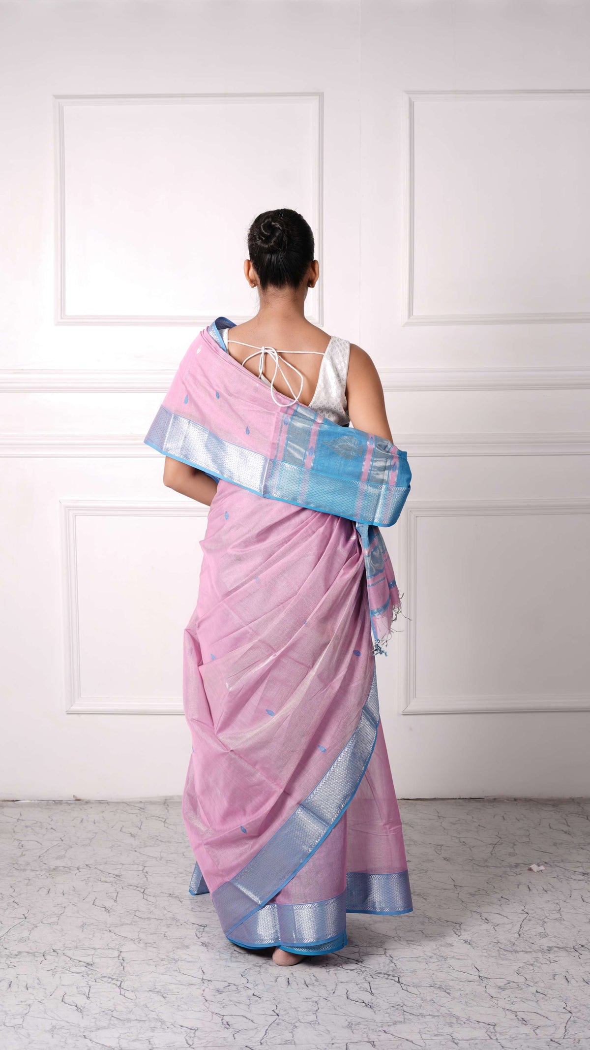 Tissue Saree with silver zari border, cotton silk, candy color-Pink