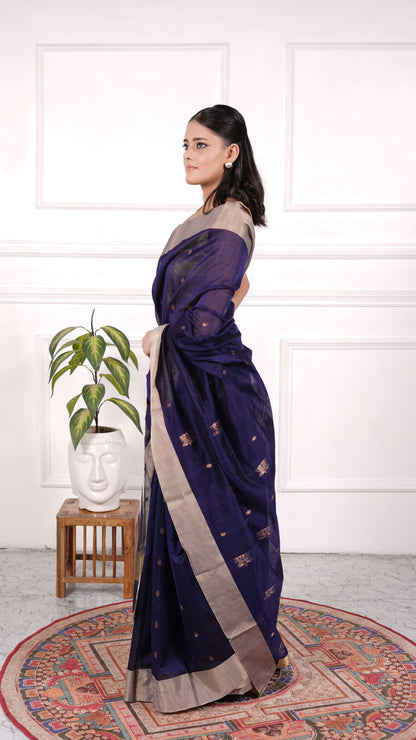 Navy blue Chanderi Saree with Golden zari work, Cotton/Silk