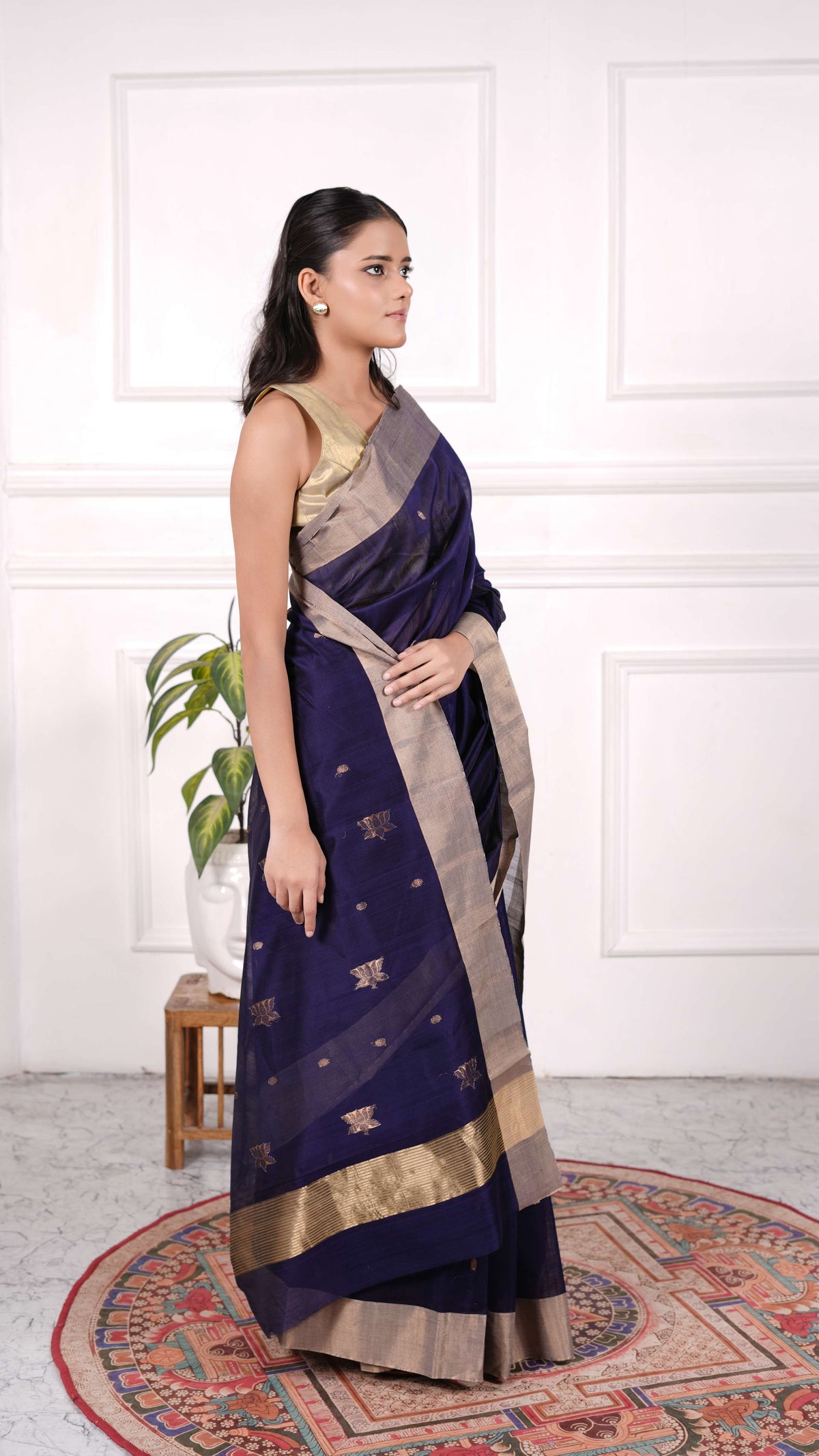 Navy blue Chanderi Saree with Golden zari work, Cotton/Silk