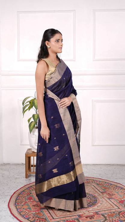 Navy blue Chanderi Saree with Golden zari work, Cotton/Silk