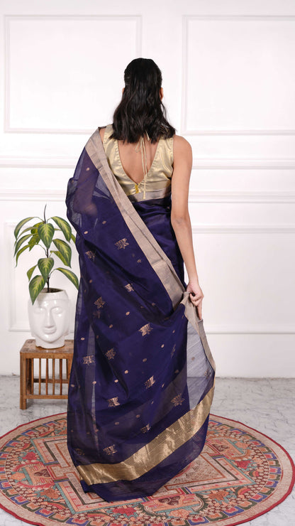 Navy blue Chanderi Saree with Golden zari work, Cotton/Silk