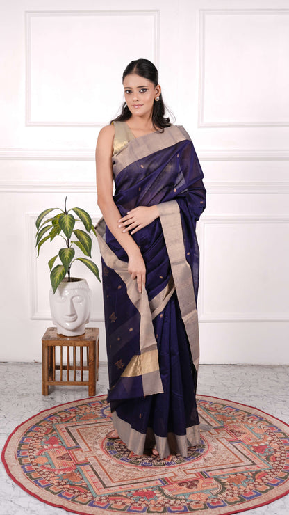 Navy blue Chanderi Saree with Golden zari work, Cotton/Silk