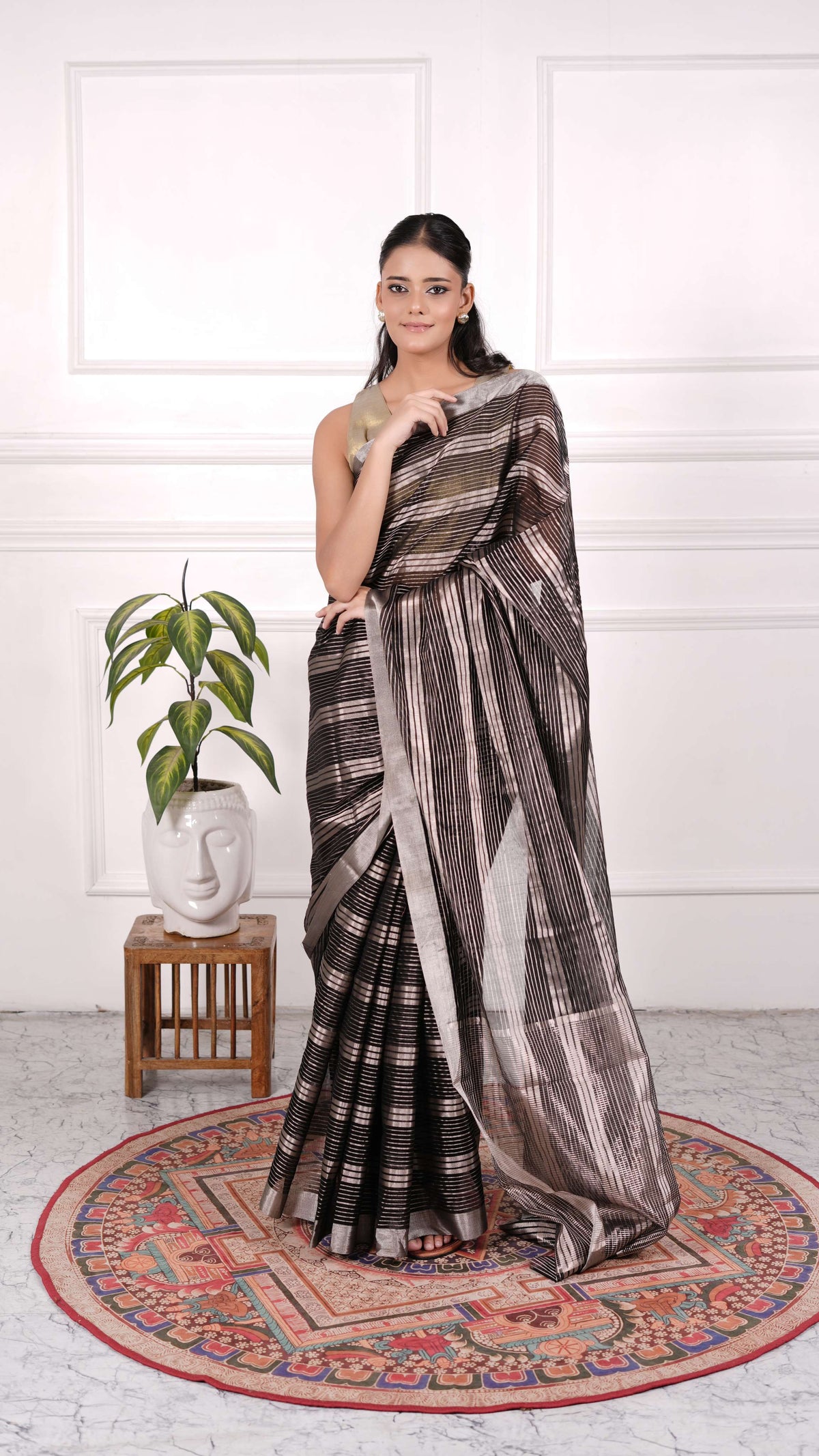 Black and silver zari stripes saree, Organza silk
