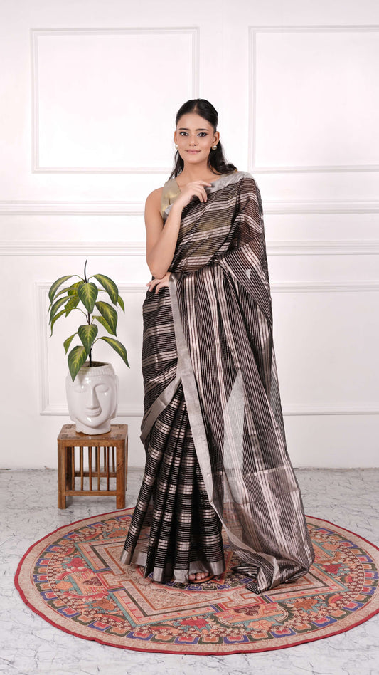 Black and silver zari stripes saree, Organza silk