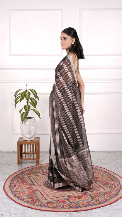 Black and silver zari stripes saree, Organza silk