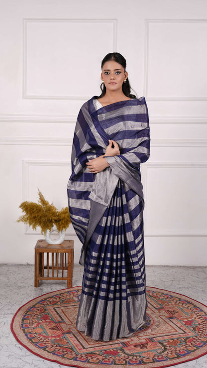 Blue and silver zari stripes saree, Cotton/Silk