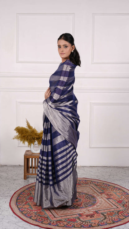 Blue and silver zari stripes saree, Cotton/Silk