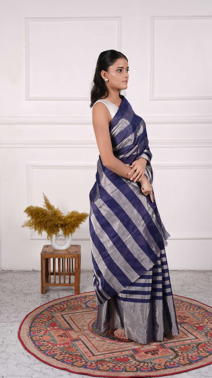 Blue and silver zari stripes saree, Cotton/Silk