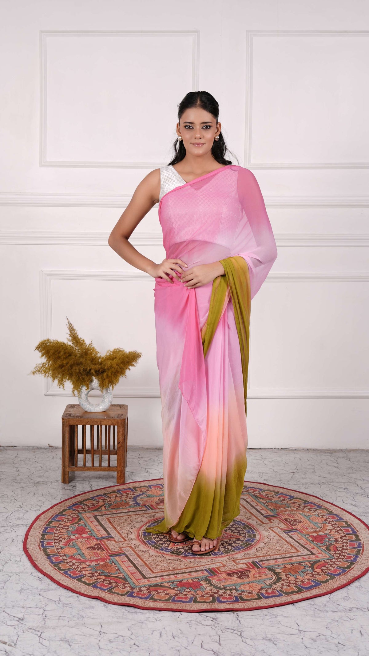 Pure Chiffon Saree, Viscose Chiffon, Color-Peach w/Pink, Ombre Dyeing