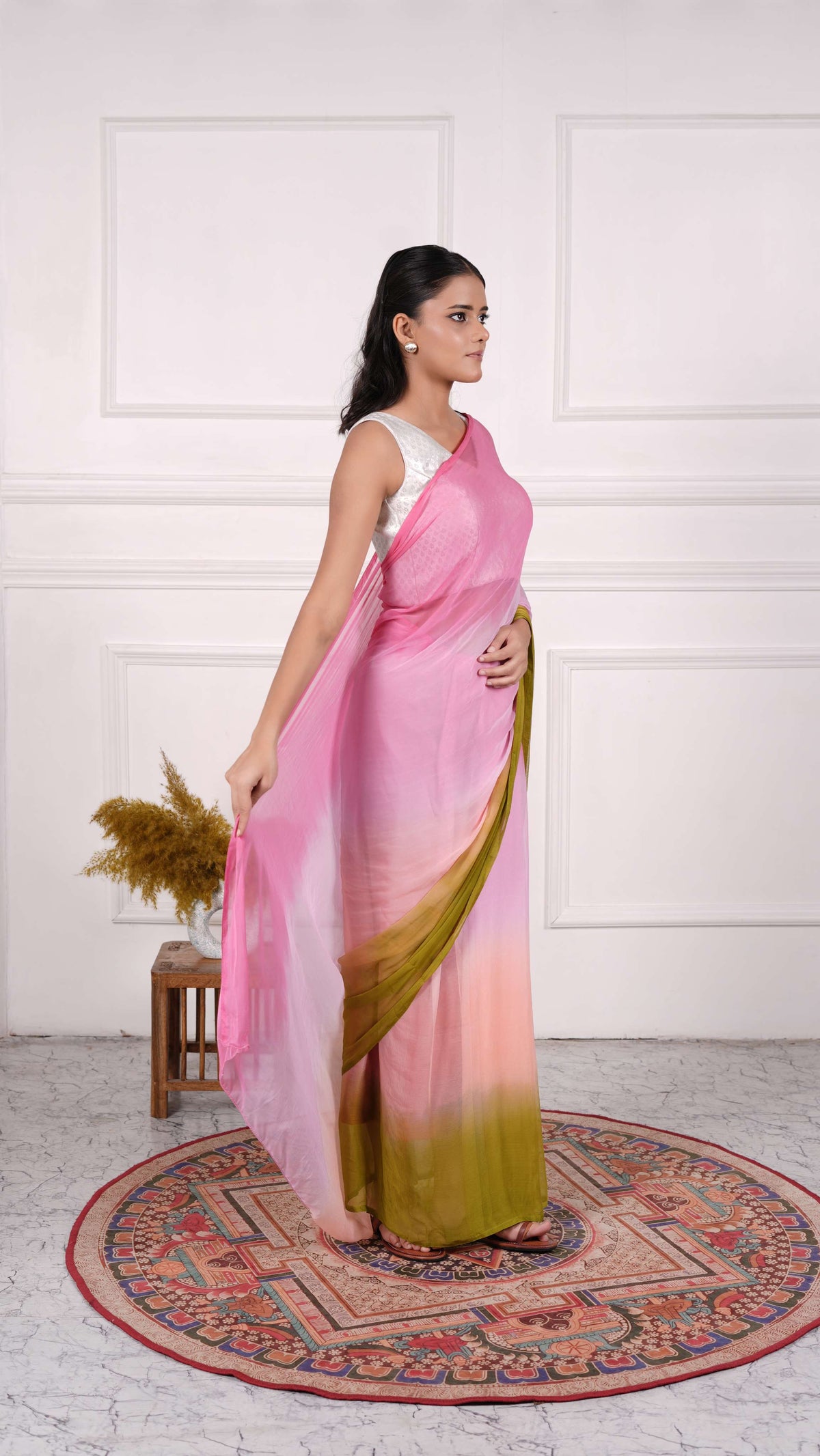Pure Chiffon Saree, Viscose Chiffon, Color-Peach w/Pink, Ombre Dyeing