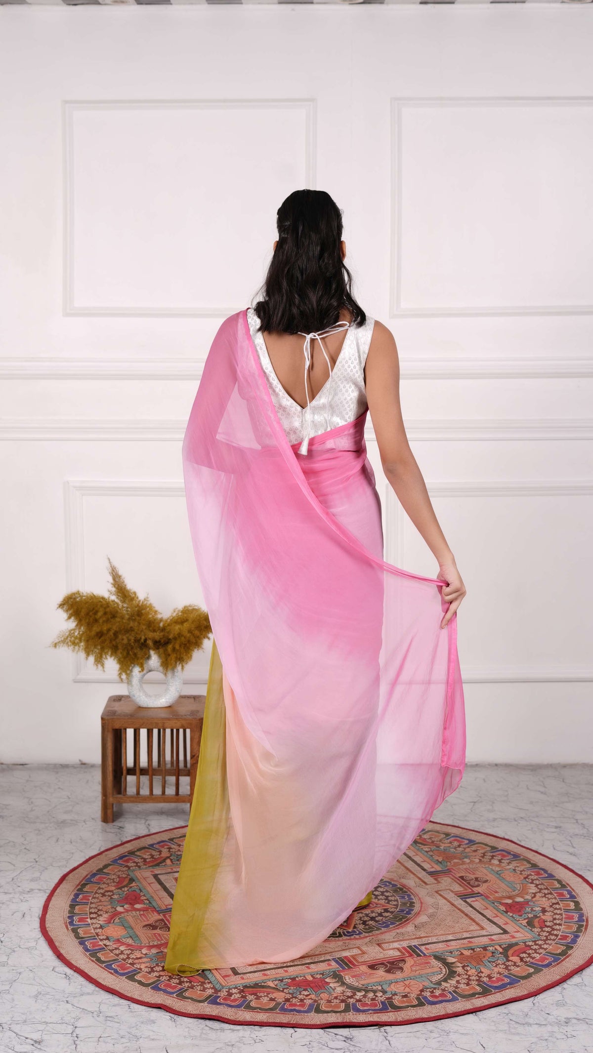 Pure Chiffon Saree, Viscose Chiffon, Color-Peach w/Pink, Ombre Dyeing