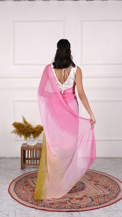 Pure Chiffon Saree, Viscose Chiffon, Color-Peach w/Pink, Ombre Dyeing