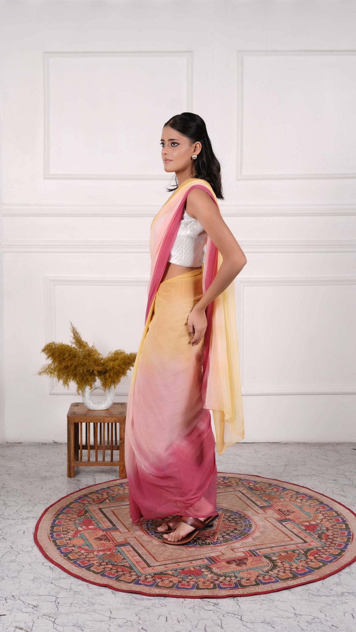 Pure Chiffon Saree,  Viscose Chiffon, Color-Peach/Yellow