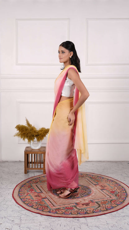 Pure Chiffon Saree,  Viscose Chiffon, Color-Peach/Yellow