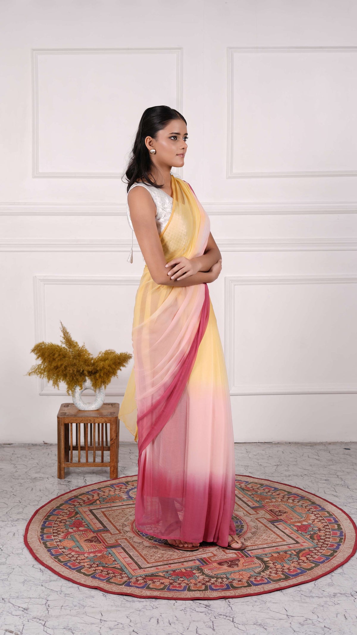 Pure Chiffon Saree,  Viscose Chiffon, Color-Peach/Yellow