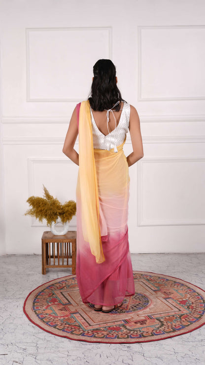 Pure Chiffon Saree,  Viscose Chiffon, Color-Peach/Yellow