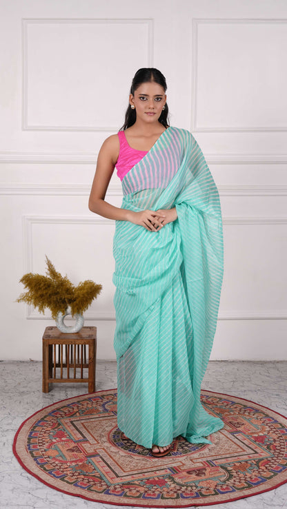 Pure Chinon Lehariya Saree, Mothra Design, Double Lehariya, Color-Cyan Blue