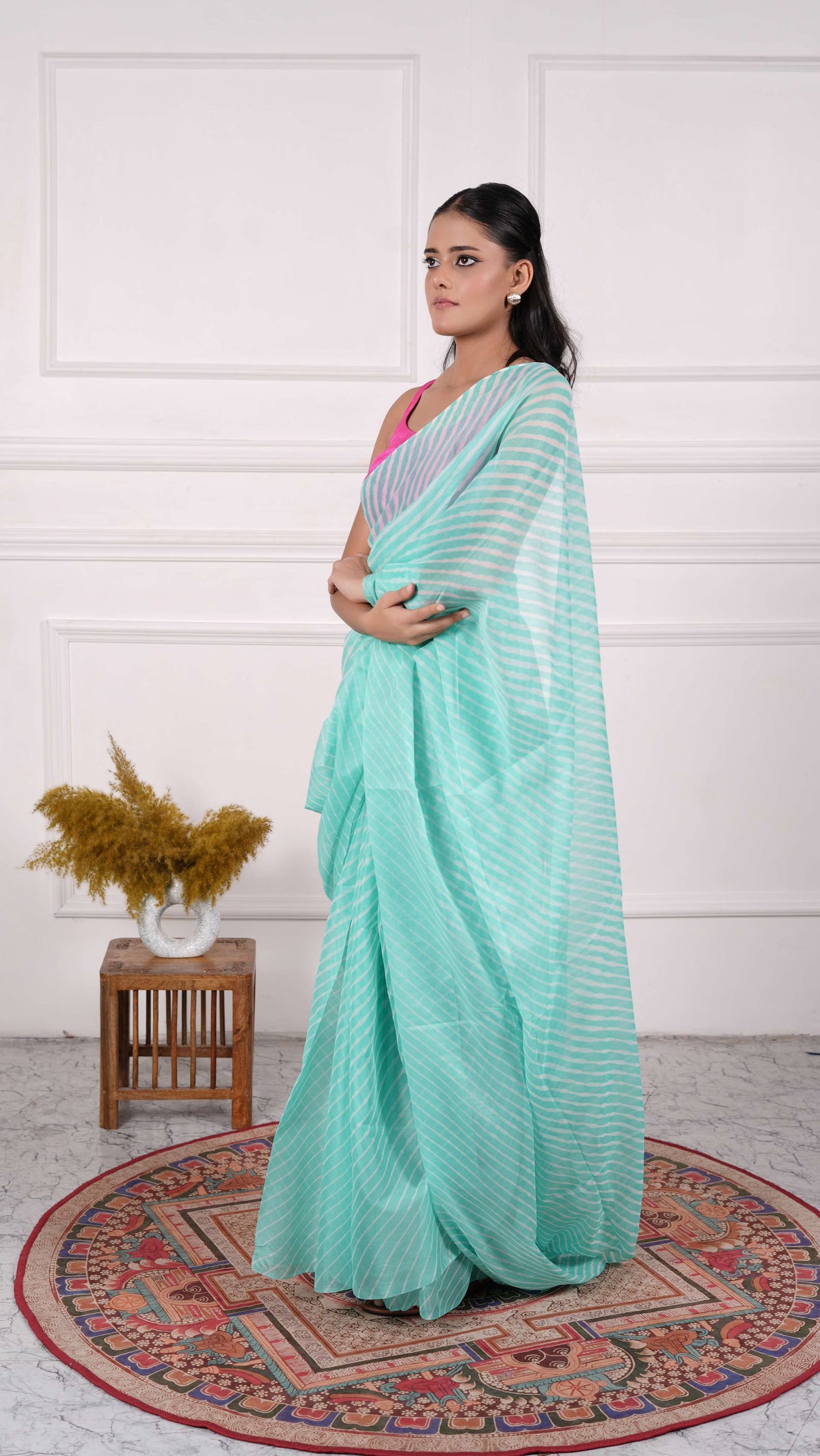 Pure Chinon Lehariya Saree, Mothra Design, Double Lehariya, Color-Cyan Blue