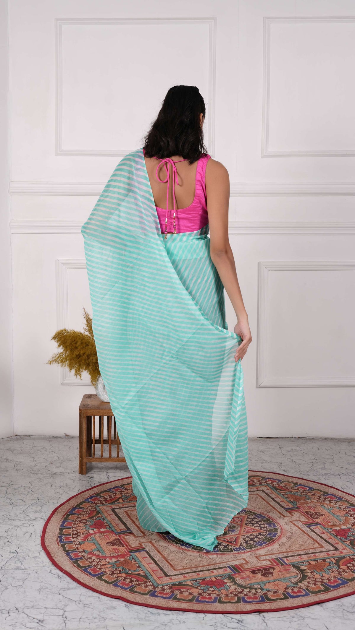 Pure Chinon Lehariya Saree, Mothra Design, Double Lehariya, Color-Cyan Blue