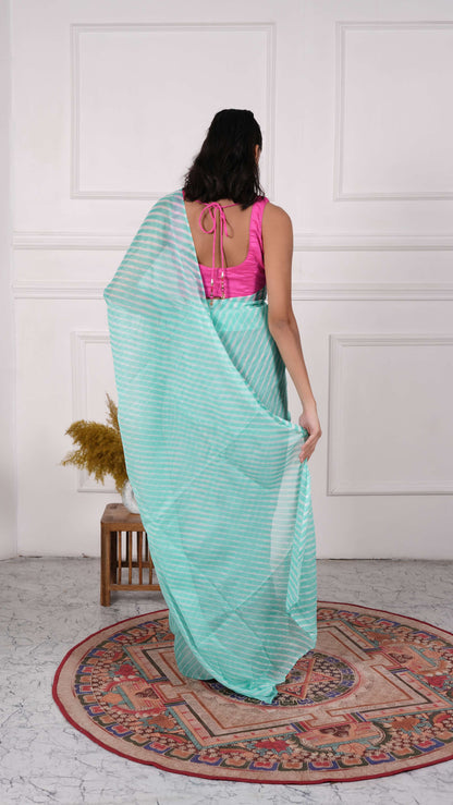 Pure Chinon Lehariya Saree, Mothra Design, Double Lehariya, Color-Cyan Blue