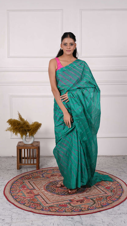 Pure Chiffon Lehariya Saree, Viscose Chiffon, Color-Green w/Purple