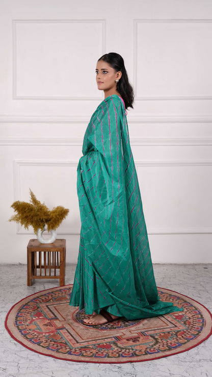 Pure Chiffon Lehariya Saree, Viscose Chiffon, Color-Green w/Purple