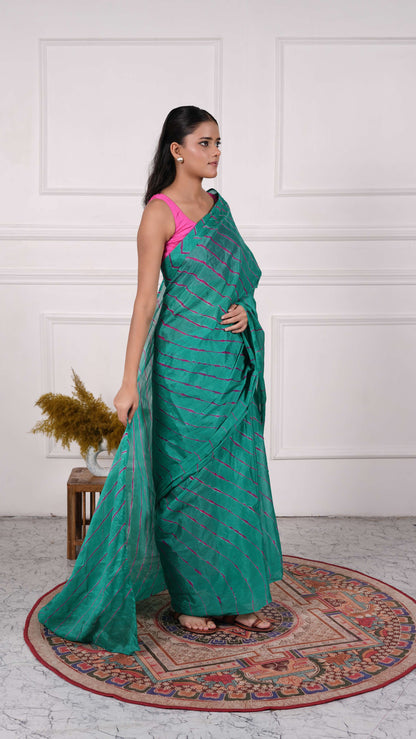 Pure Chiffon Lehariya Saree, Viscose Chiffon, Color-Green w/Purple