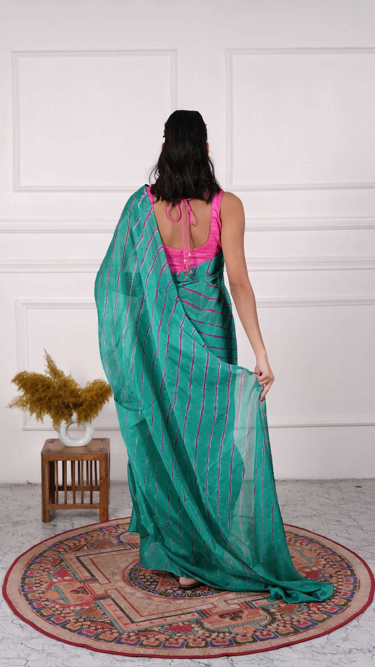 Pure Chiffon Lehariya Saree, Viscose Chiffon, Color-Green w/Purple