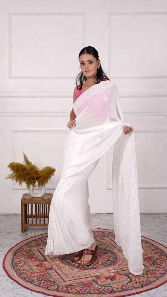 Chikankari Saree with heavy beads & sequins work on aanchal, Georgette, Color-White