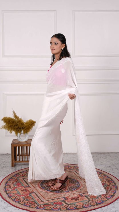 Chikankari Saree with heavy beads sequins work on aanchal, Georgette, Color-White