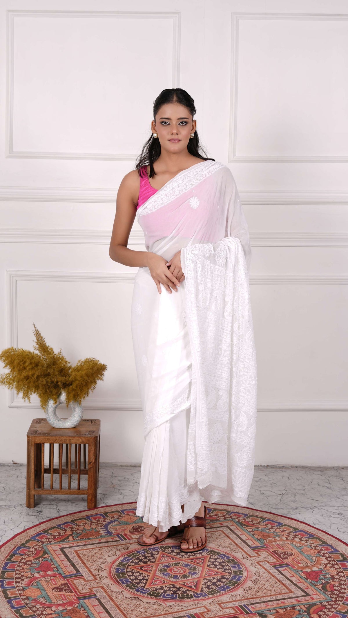 Chikankari Saree with heavy beads sequins work on aanchal, Georgette, Color-White
