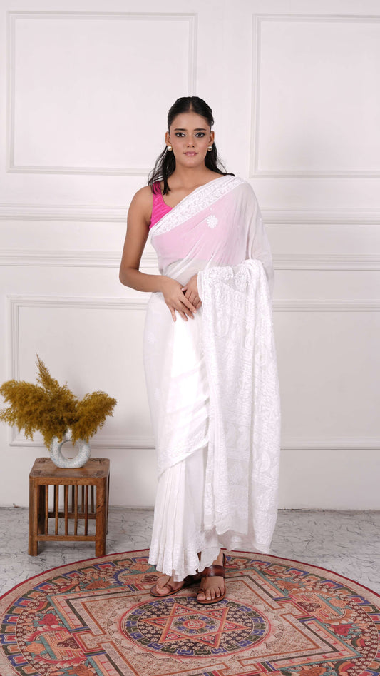 Chikankari Saree with heavy beads sequins work on aanchal, Georgette, Color-White