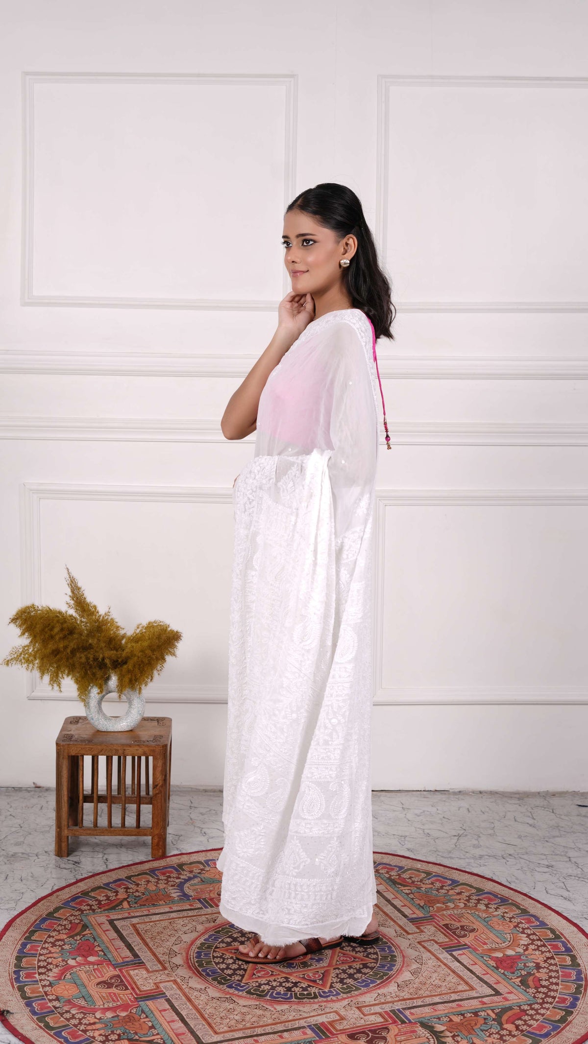 Chikankari Saree with heavy beads & sequins work on aanchal, Georgette, Color-White