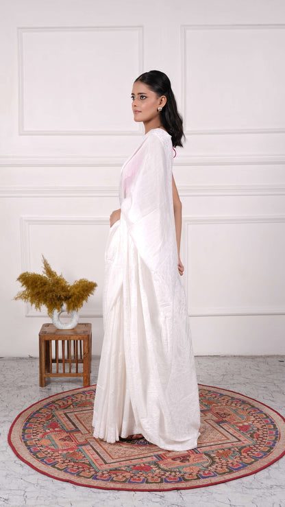 Chikankari Saree with heavy Thread, beads & sequins work on aanchal, Cotton/Silk, White