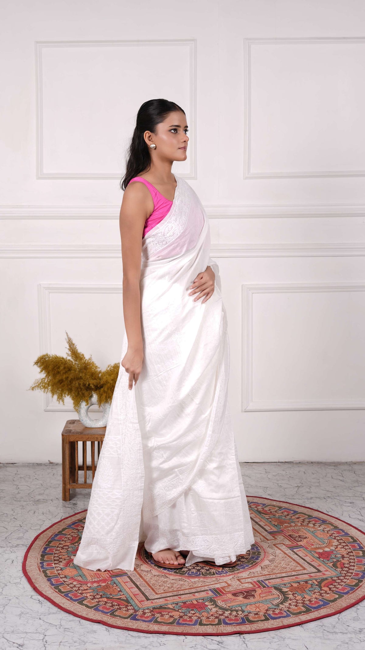 Chikankari Saree with heavy Thread, beads & sequins work on aanchal, Cotton/Silk, White
