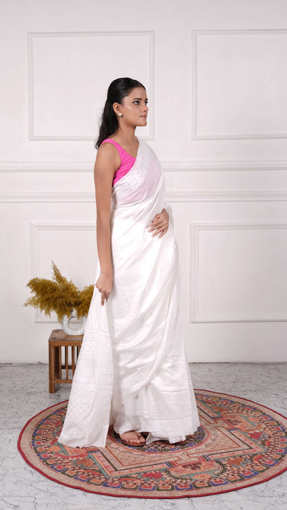 Chikankari Saree with heavy Thread, beads & sequins work on aanchal, Cotton/Silk, White