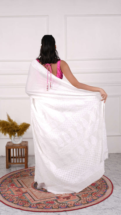 Chikankari Saree with heavy Thread, beads & sequins work on aanchal, Cotton/Silk, White