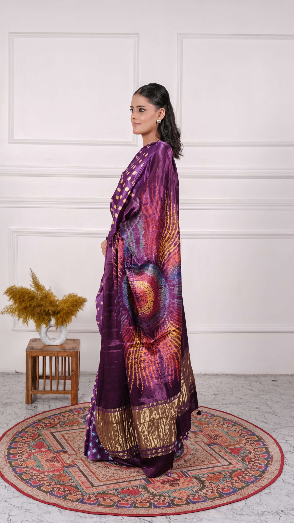 Gujrati Bandhej Saree, Gajji Silk, Color-Purple/Grey