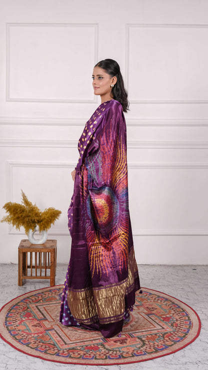Gujrati Bandhej Saree, Gajji Silk, Color-Purple/Grey