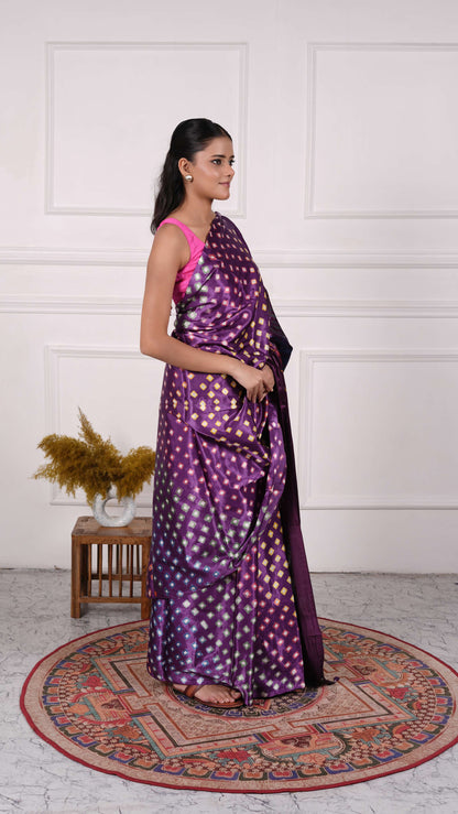 Gujrati Bandhej Saree, Gajji Silk, Color-Purple/Grey