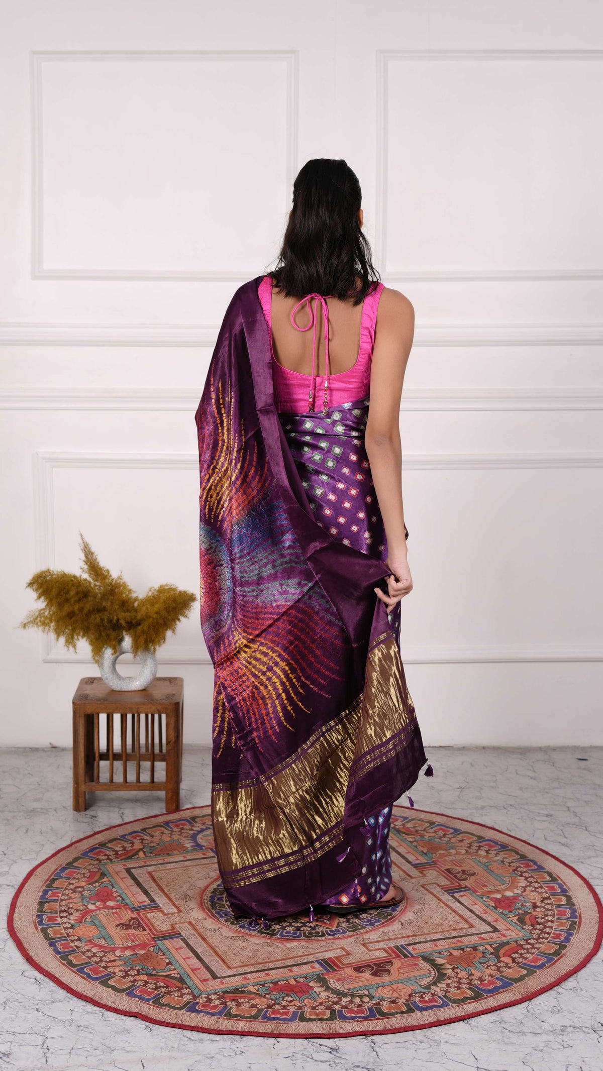 Gujrati Bandhej Saree, Gajji Silk, Color-Purple/Grey