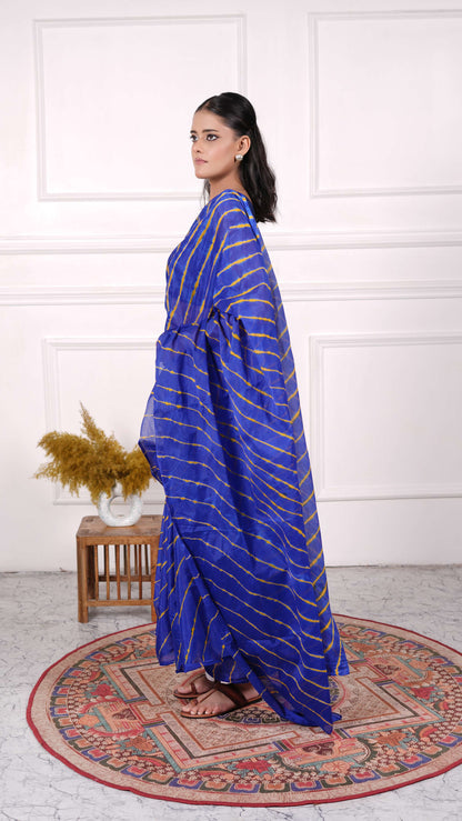 Pure Chiffon Lehariya Saree, Viscose Chiffon, Color-Royal Blue w/Yellow
