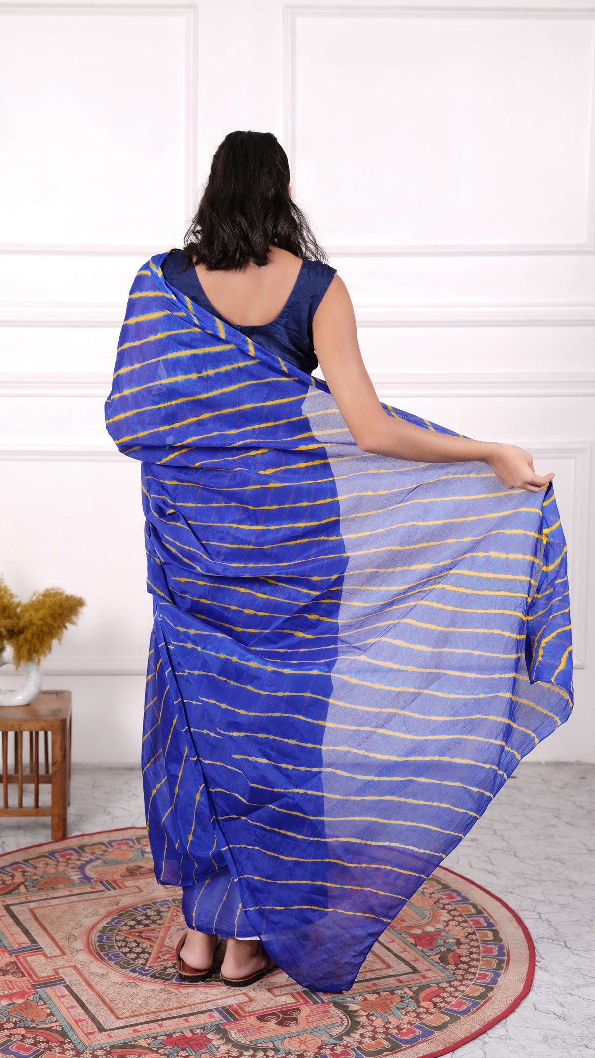Pure Chiffon Lehariya Saree, Viscose Chiffon, Color-Royal Blue w/Yellow