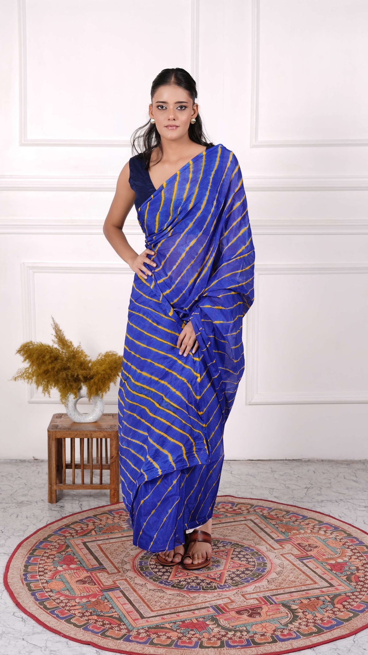 Pure Chiffon Lehariya Saree, Viscose Chiffon, Color-Royal Blue w/Yellow